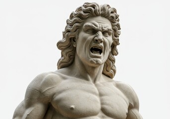 Stone sculpture of a roaring muscular man with flowing hair