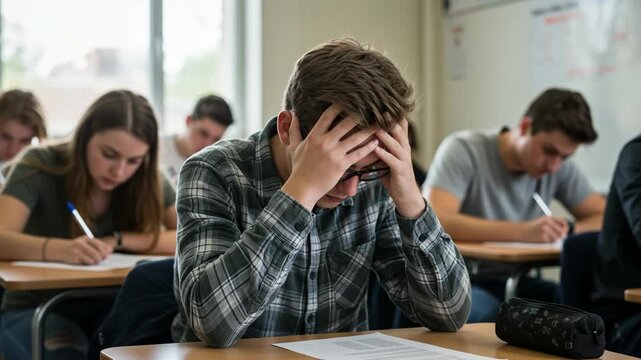 A stressed student holds his head in his hands during an exam in a classroom