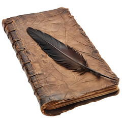 Aged leather-bound book with quill