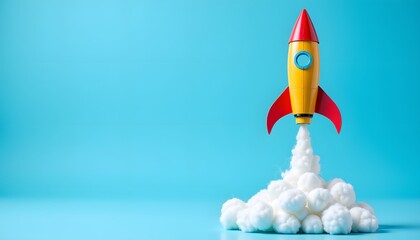 A hand crafted rocket, assembled from corrugated material and painted in vibrant hues, bursts forth from a similarly constructed launchpad