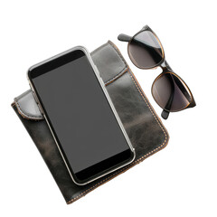 Smartphone, sunglasses, and leather case