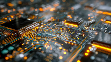 Glowing Orange Microchip Embedded in Circuit Board with Detailed Electronic Pathways