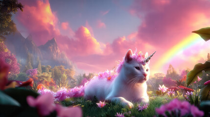 Unicorn cat in fantastic fairy tale field, vivid candy colors, small girl's dream