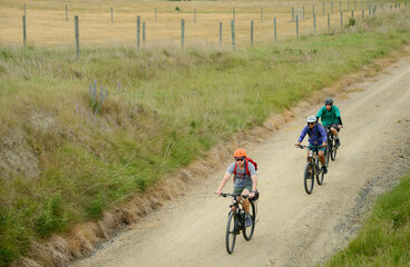 High angle view of people cycling Otago Central Rail Trail. South Island. New Zealand.