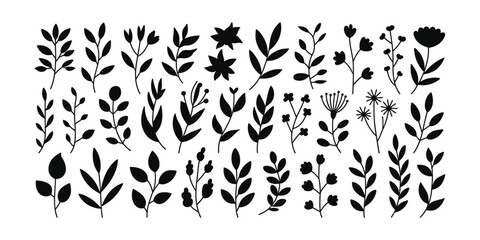 Minimalist Silhouette Collection of Diverse Botanical Elements, Featuring Leaves, Flowers