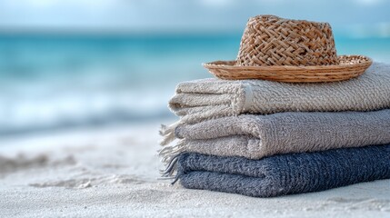Atop a heap of white and gray beach towels rests a straw hat