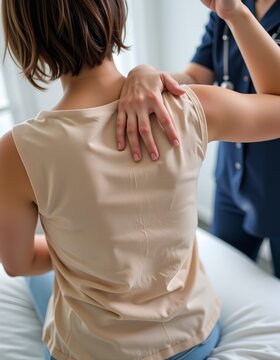 Female patient receiving shoulder examination by a physiotherapist during a physical assessment.