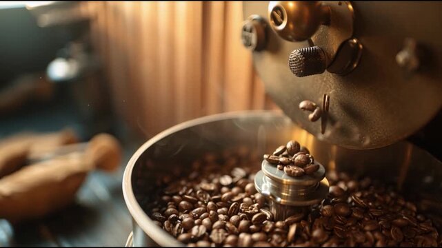 Coffee beans roasting in vintage machine, with details of the equipment visible