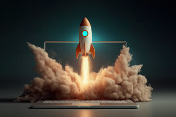 Rocket Launching from Laptop Screen, Startup and Innovation Technology Concept, Creative Digital Art