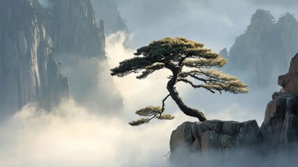 Fototapeta premium A mountain peak is home to a growing tree, with a cloudy sky in the distance