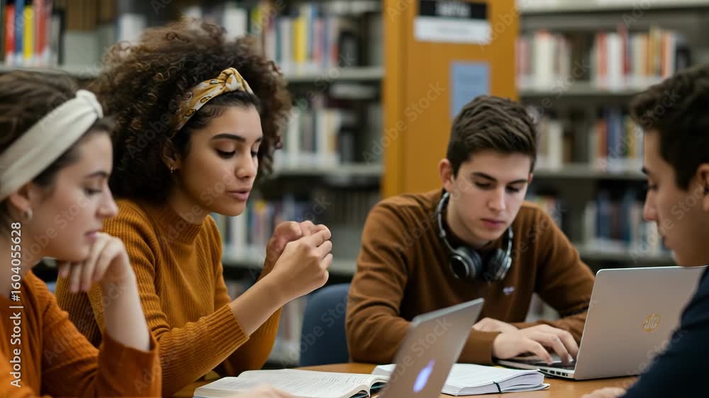 Poster students actively discuss and learn together in a library setting with laptops and books