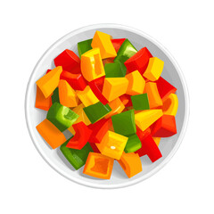 Top-down view of a white bowl with a vibrant mix of diced red, green, and yellow bell peppers.