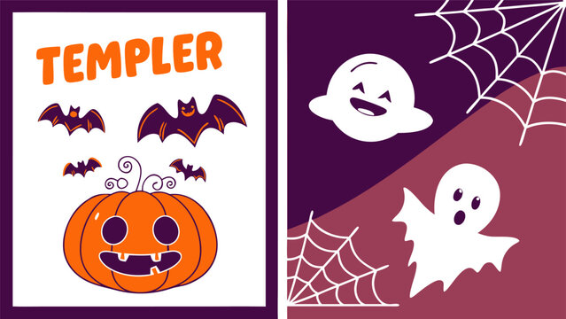 Halloween themed illustration with a pumpkin, bats, ghosts, spiderwebs and the word templer in orange
