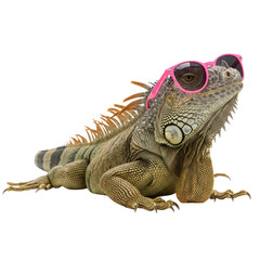 Fototapeta premium A cool iguana wearing pink sunglasses enjoys the sunny day.