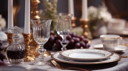 Elegant table setting with crystal glassware gold rimmed porcelain plates and dark grapes