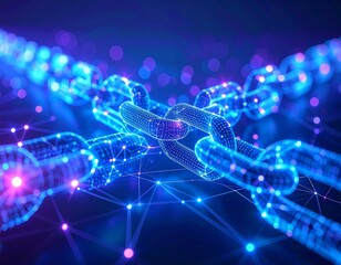 Futuristic blockchain network with glowing blue and purple connections