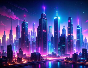 Virtual futuristic city skyline with holographic light