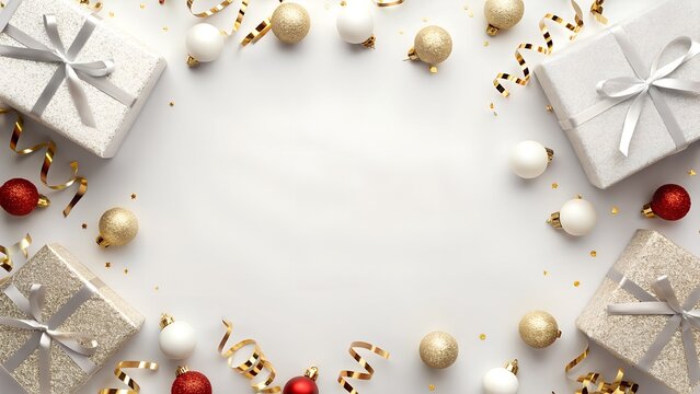 Top View of Christmas Gifts and Golden Baubles with Red Accents on White Festive Background
