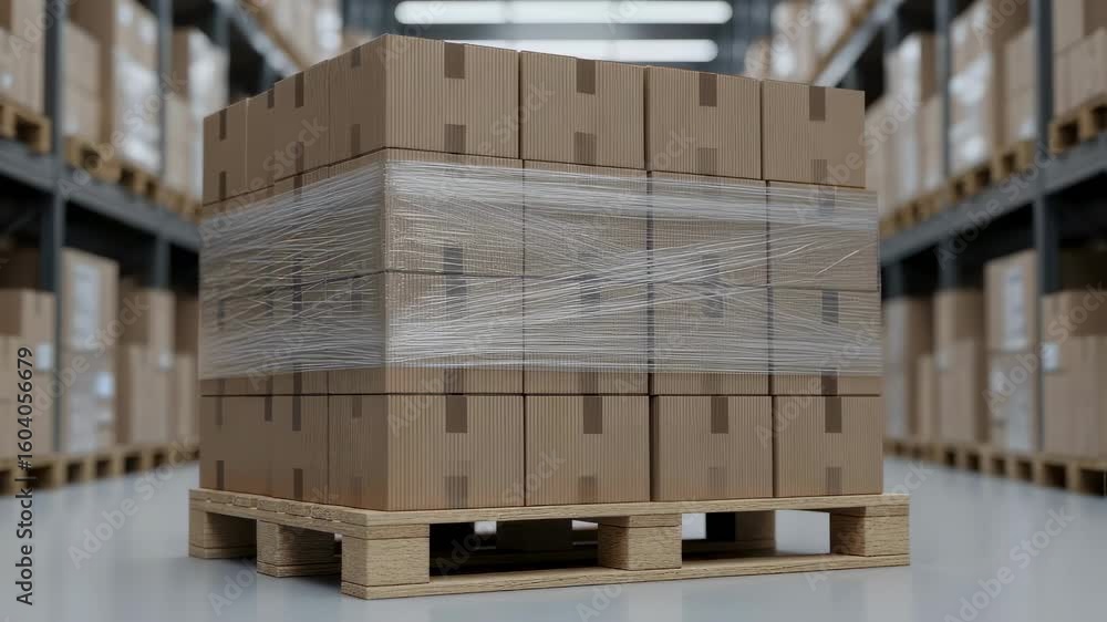 Poster pallet of neatly arranged corrugated boxes sealed with stretch wrap ready for transport in a storage