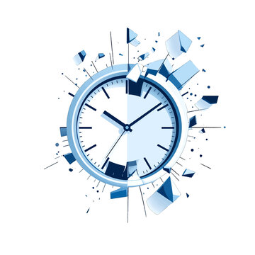 Stylized blue analog clock shattering, with fragments and shards exploding outwards in a dynamic, abstract composition.
