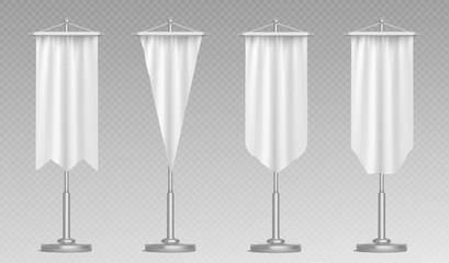 Medieval pennant banner set on stands - white blank fabric flags with different shapes and edges hanging from metal poles for castle decoration, tournament display or historical event mockup designs.