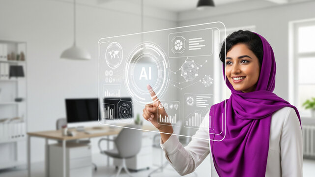 Modern Muslim Businesswoman Engaging with Artificial Intelligence Technology