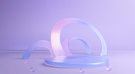 Glass podium 3d scene with curved transparent arches on circular platform, purple gradient background, scattered crystal spheres. Modern abstract display stage for luxury product presentation.