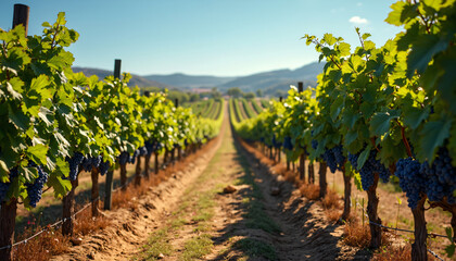 Obraz premium Grapevine Rows with Ripe Grapes and Dirt Path in Vineyard