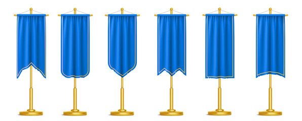Medieval pennant set of blue fabric banners on golden poles with different bottom shapes. Royal heraldry flags for castle decoration, knight tournament display elements. Hanging textile streamers. © klyaksun