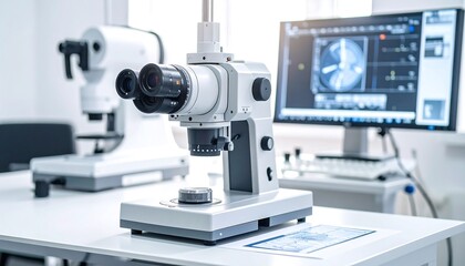 Fototapeta premium Microscope in a Laboratory Setting with Computer Screen Display