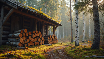 Log Cabin with Firewood Stack in Forest with Birch Trees