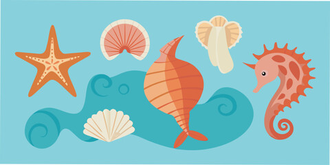 Obraz premium Whimsical ocean creatures illustration featuring starfish shells and seahorse elements in flat vector style for design use.