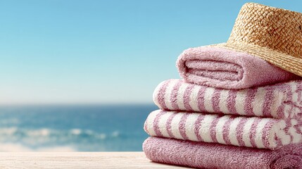 Lying on the sand are a beach towel and a straw hat