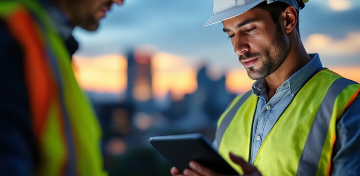 Construction Workers Reviewing Digital Plans on Tablet