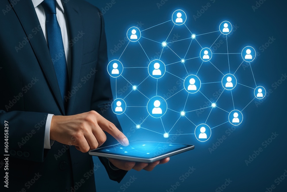 Poster businessman using tablet to interact with digital network of people and connections for social media