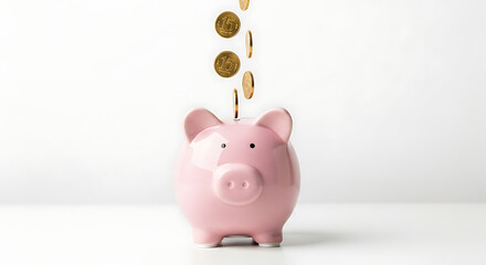 Pink Piggy Bank with Falling Gold Coins on White Background