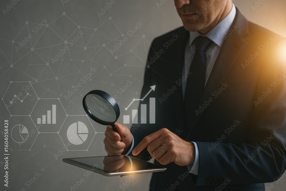 Poster businessman analyzing data trends with magnifying glass and tablet in modern office setting for stoc