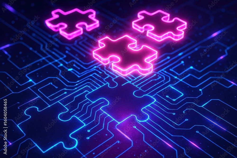 Poster puzzle pieces integrate: a digital network of puzzle pieces interconnected with neon lights, symboli