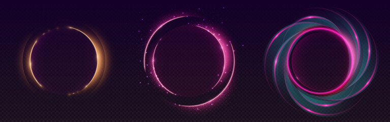 Neon halo rings glowing on dark backdrop - circular light effects with golden and pink radiance, sparkling particles and luminous trails. Futuristic energy frames for cyberpunk designs, tech interface