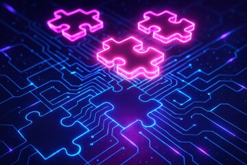 Obraz premium Puzzle Pieces Integrate: A digital network of puzzle pieces interconnected with neon lights, symbolizing unity, technology and collaboration in a high-tech environment.