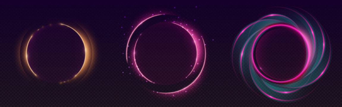 Neon halo rings glowing on dark backdrop - circular light effects with golden and pink radiance, sparkling particles and luminous trails. Futuristic energy frames for cyberpunk designs, tech interface