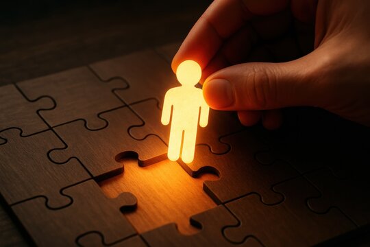 Human Puzzle Solution: A close-up shot captures a glowing human figure being carefully placed into a wooden puzzle, symbolizing problem-solving and the key role of individual in the team