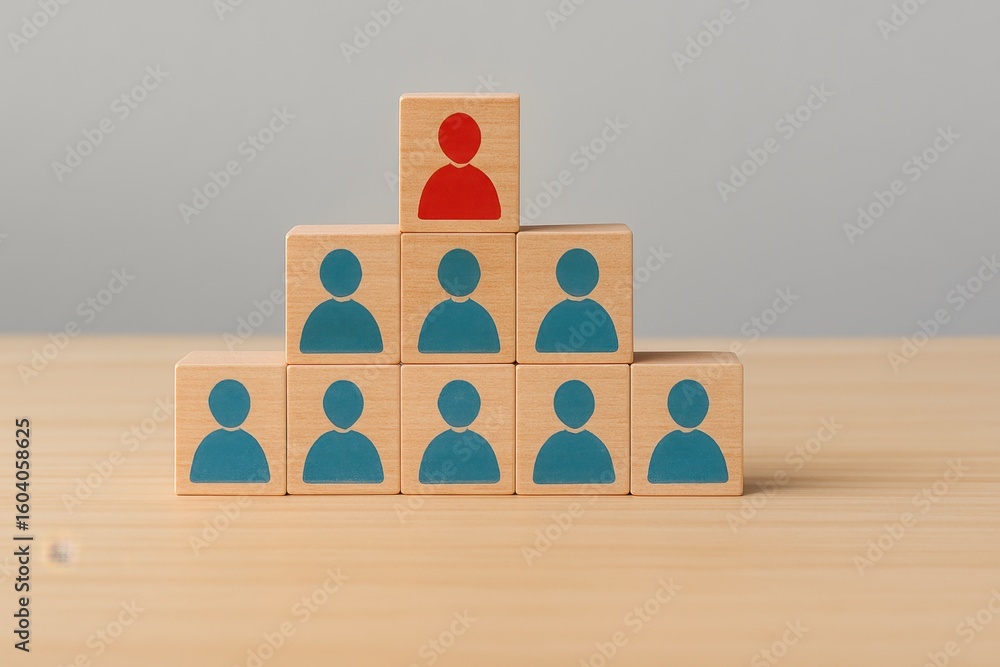 Poster stacked wooden blocks with human icons showing leadership and team hierarchy concept in a minimalist