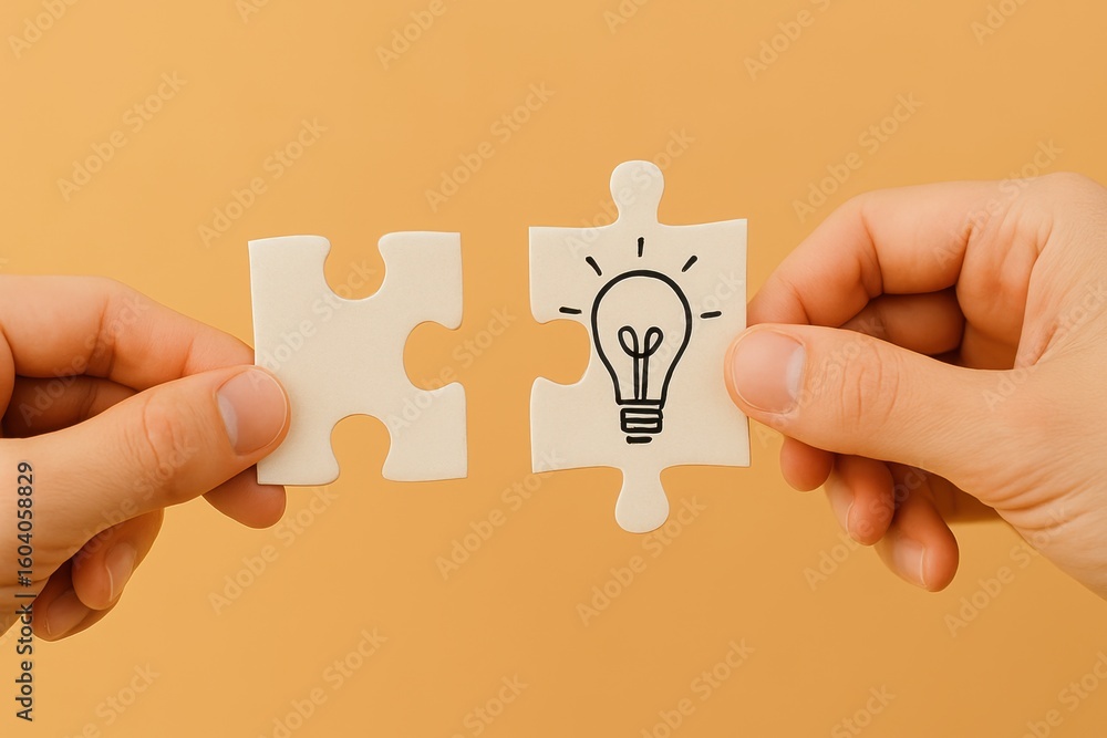 Poster hands holding puzzle pieces with one piece featuring a light bulb drawing symbolizing creativity and