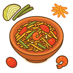 Spicy Thai papaya salad served in a traditional bowl kawaii doodle flat 2D cartoon vector illustration
