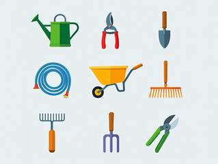 Flat design  icons of various essential gardening tools: watering can, hose, wheelbarrow, rake, shovel, and shears. Perfect for garden, hobby, or spring concepts.