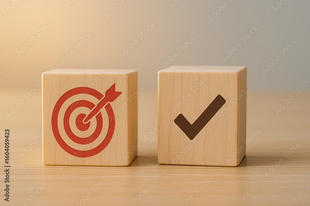 Poster wooden blocks with target point and check mark symbols representing goals and success in a business 