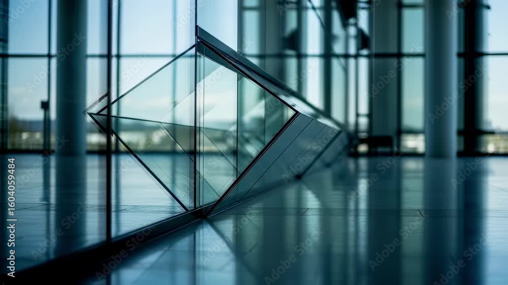 Poster architectural detail of a modern office building emphasizing transparency and light reflection.