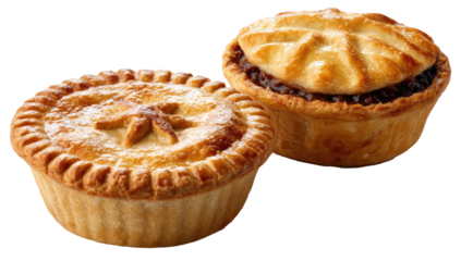 Two small, golden-brown pies, close-up.  Each pie has a pastry crust, filled with a dark filling and a decorative top