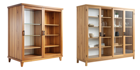 Wooden shelf cabinet with multiple open shelves for storage and interior design in brown wood finish